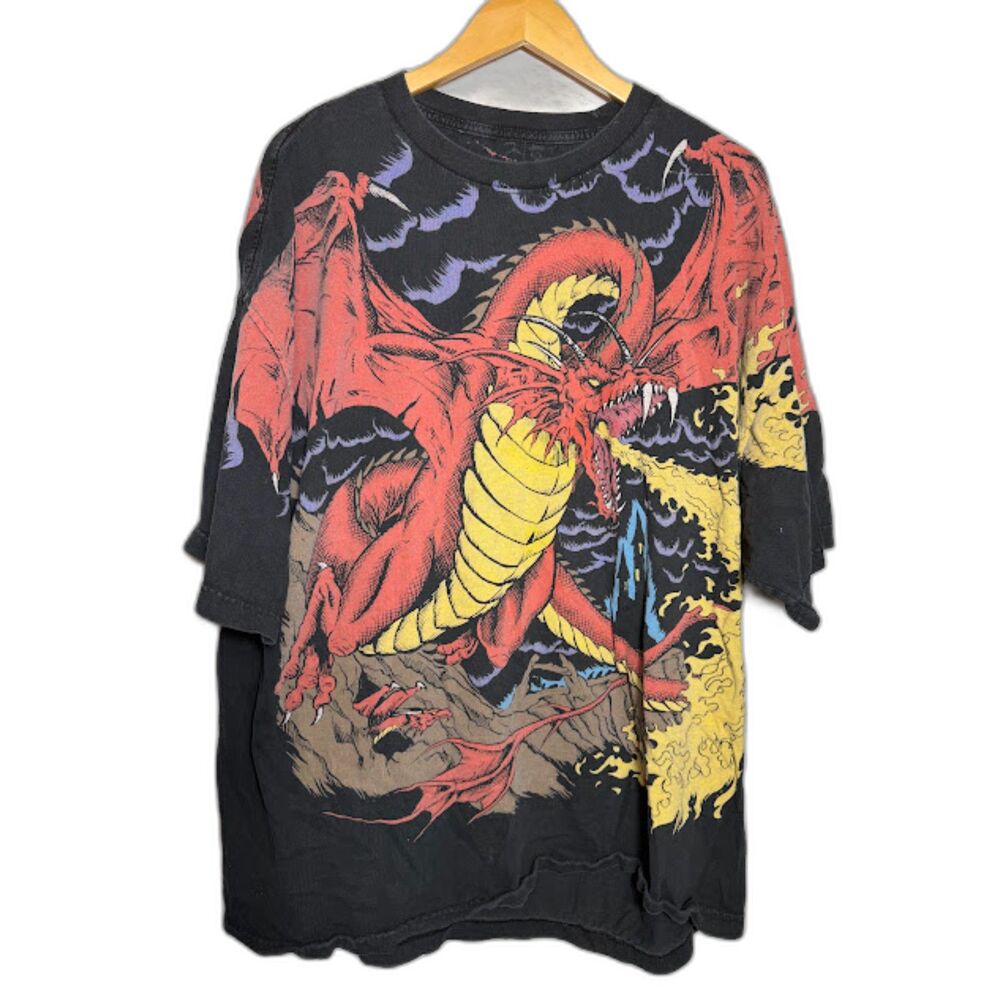 Liquid Blue Graphic T Shirt Dragon AOP Knight size 3XL Black Grunge Tee Fantasy